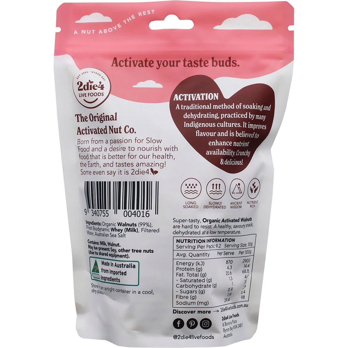 2DIE4 LIVE FOODS Organic Activated Walnuts Activated with Fresh Whey 275g