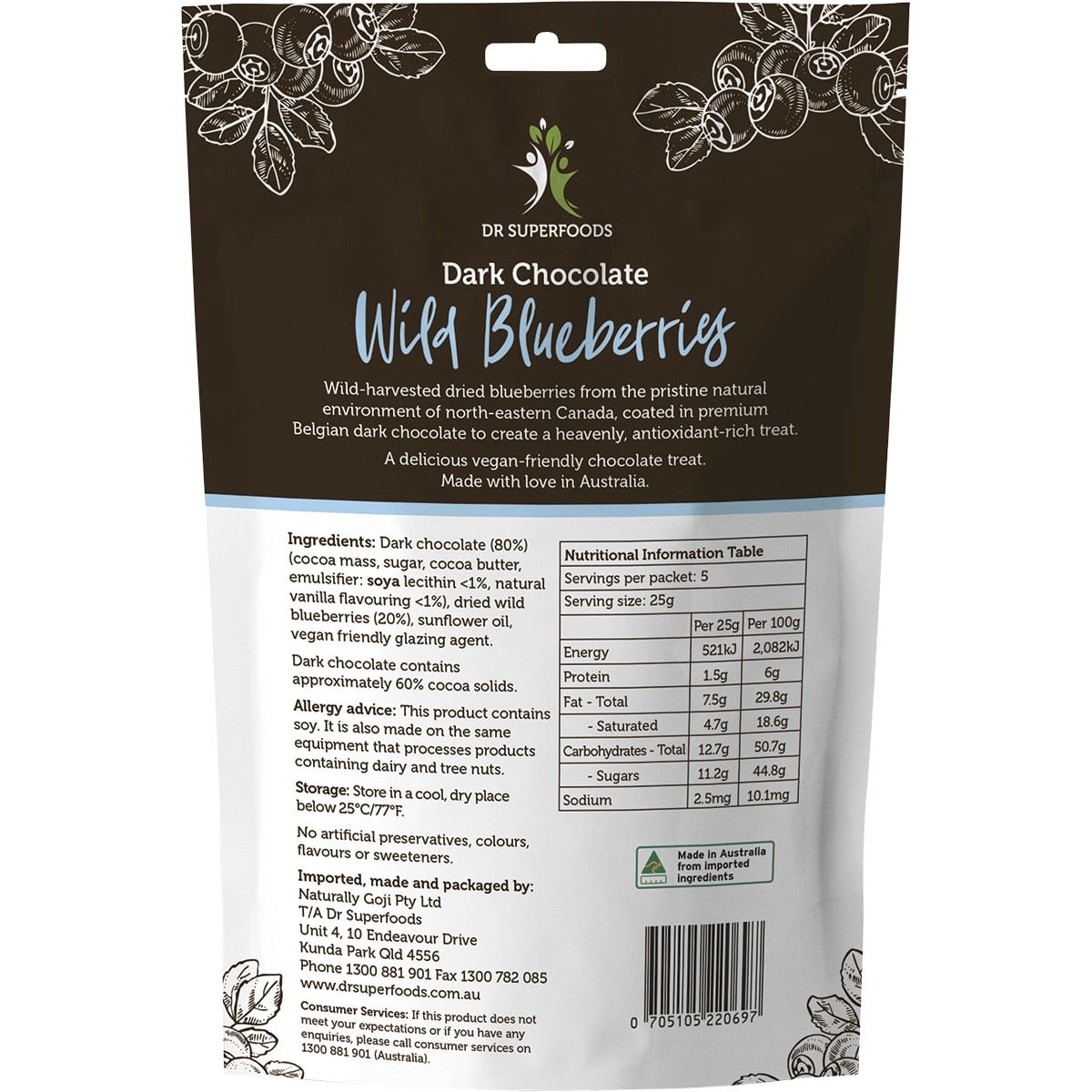 DR SUPERFOODS Wild Blueberries Dark Chocolate 125g
