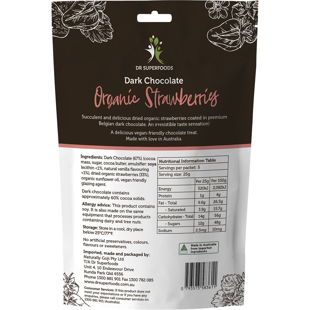 DR SUPERFOODS Strawberries Organic - Dark Chocolate 125g