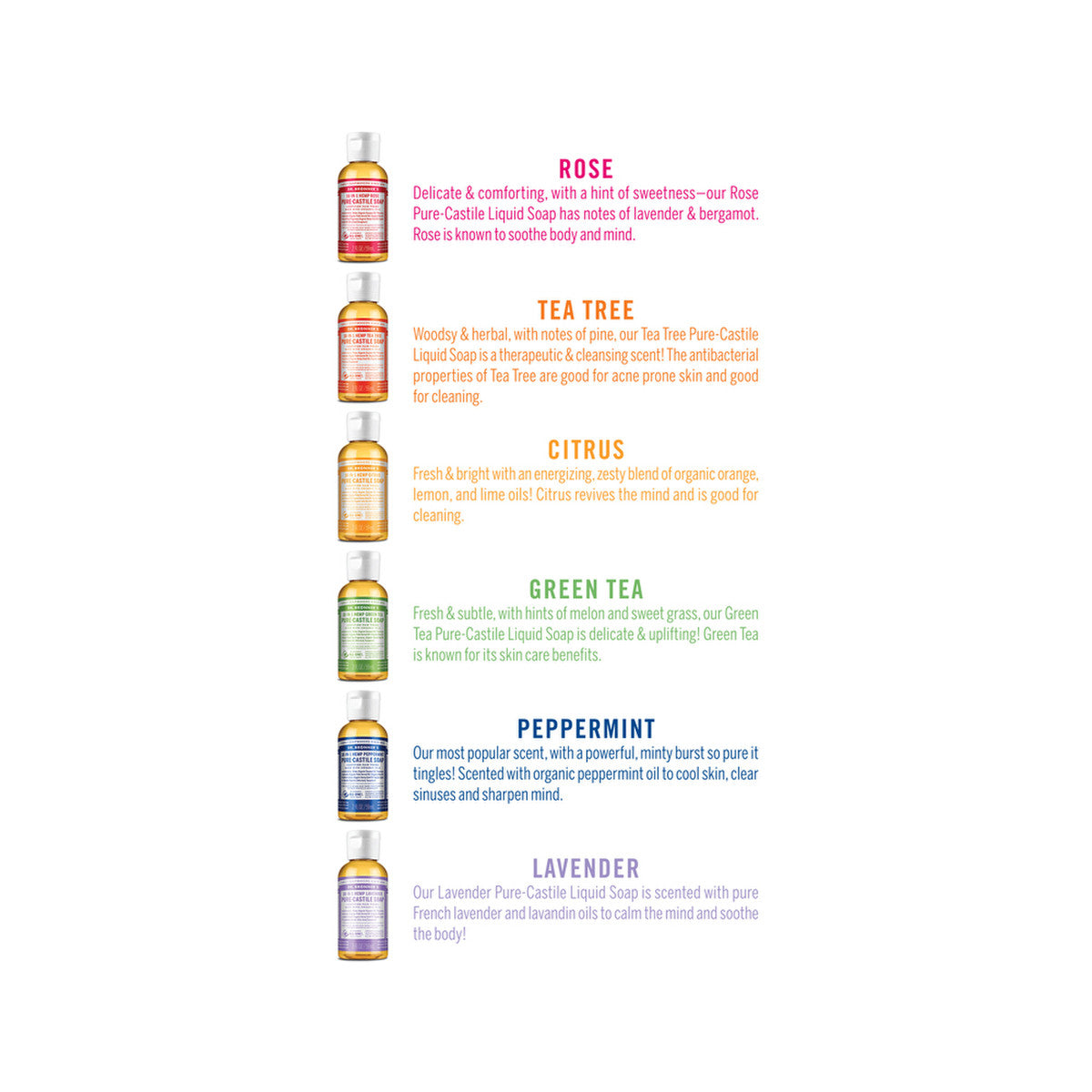 Dr. Bronner's Pure-Castile Soap Liquid (Hemp 18-in-1) Rainbow Sampler 59ml x 6 Pack