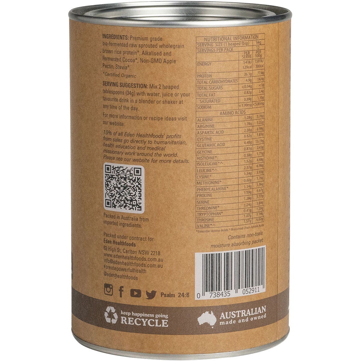 EDEN HEALTHFOODS Ultimate Protein Sprouted Brown Rice - Chocolate 400g