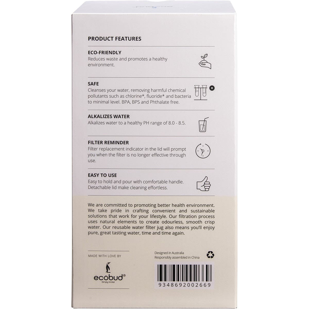 ECOBUD Gentoo Plastic Water Filter Jug White 1.5L