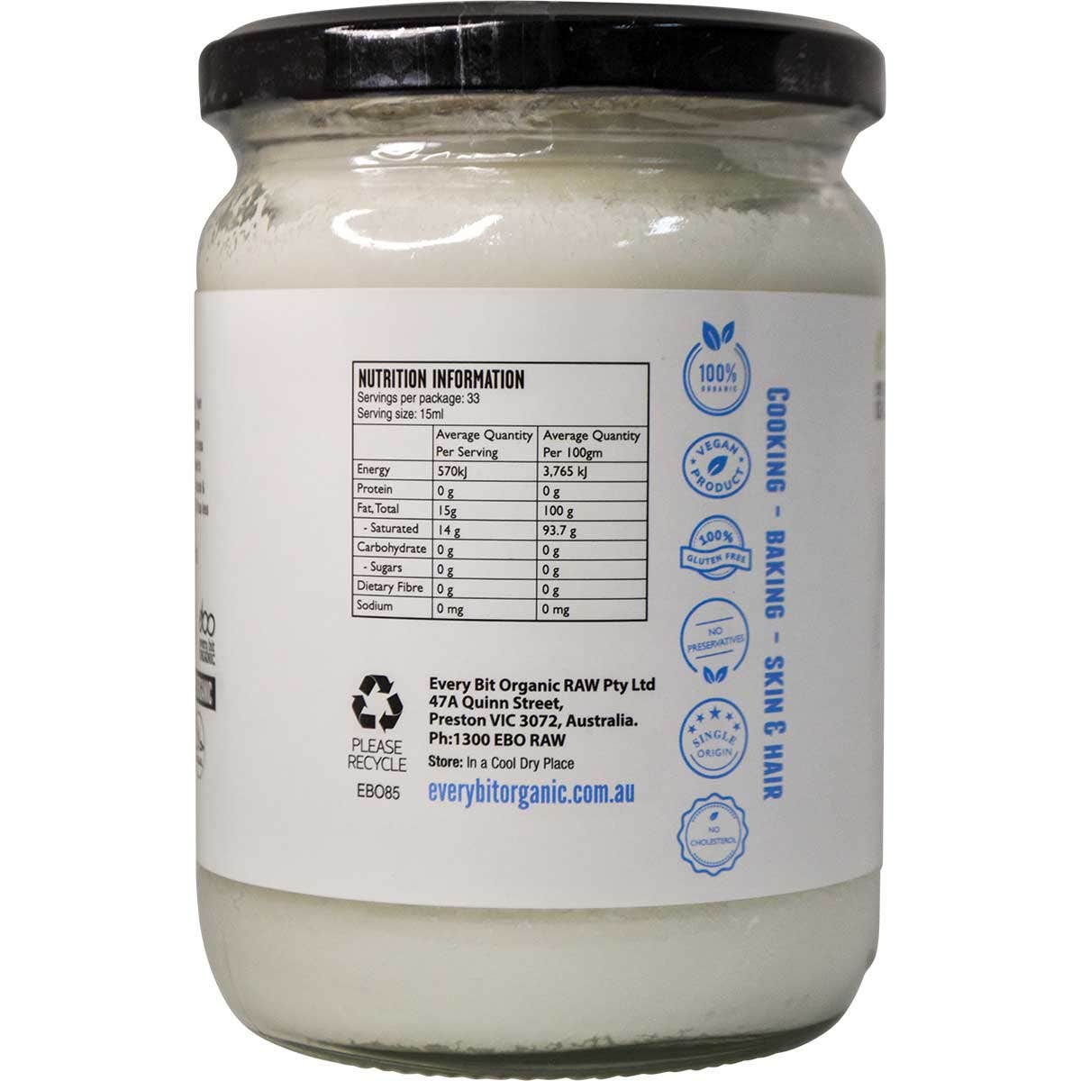 EVERY BIT ORGANIC Coconut Oil Refined & Deodorised 500ml