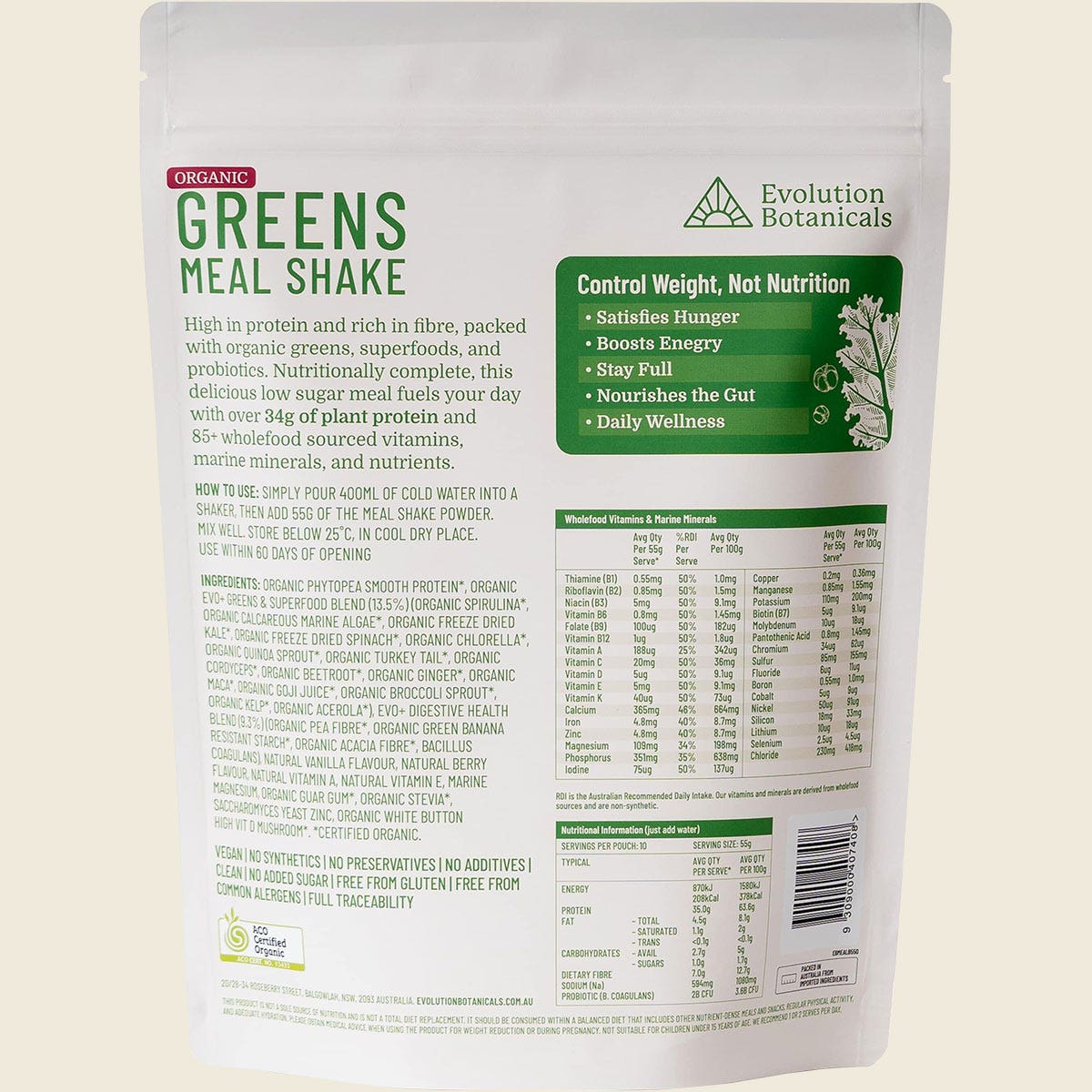 Evolution Botanicals Organic Greens Meal Shake Smooth Berry 550g