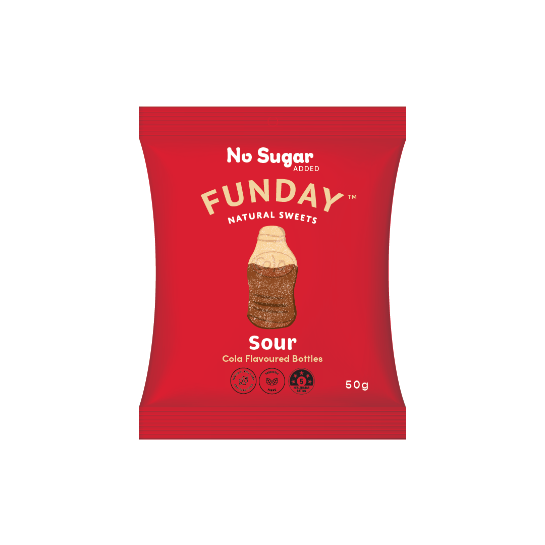 Funday Natural Sweets Gummy Bottles Sour Cola 50g (Pack of 12)
