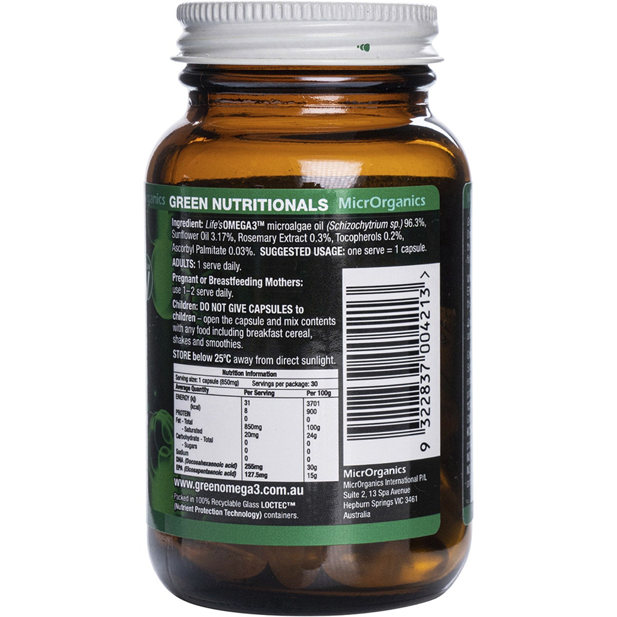 Green Nutritionals Green Omega3 Vegan Capsules (255mg + 127mg) 30
