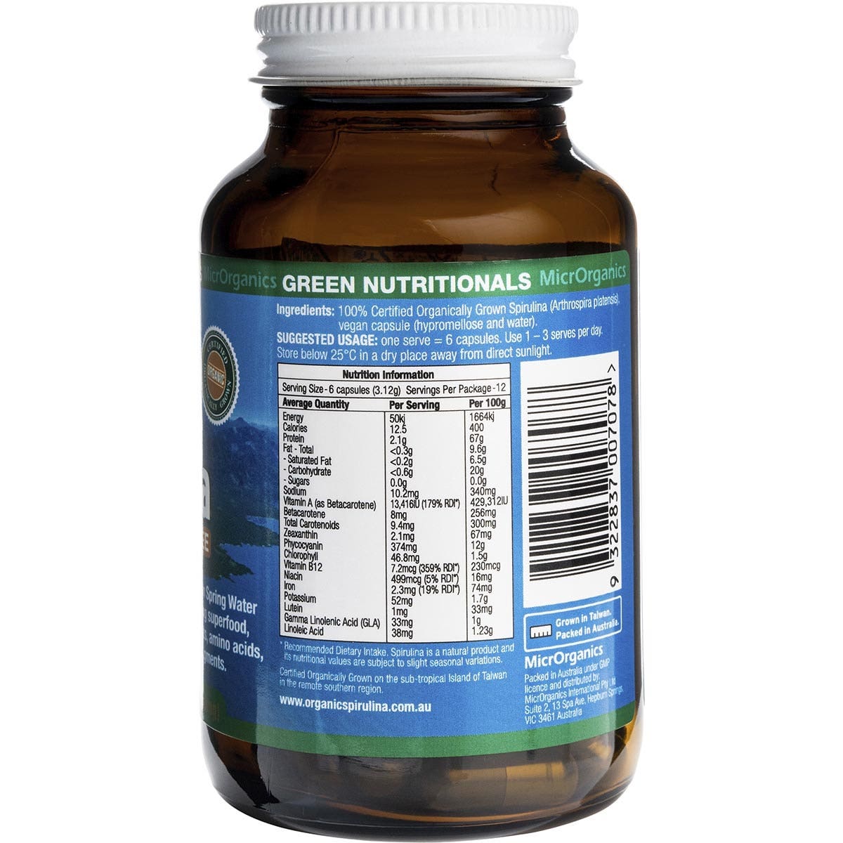 Green Nutritionals Mountain Organic Spirulina Vegan Capsules (520mg) 60