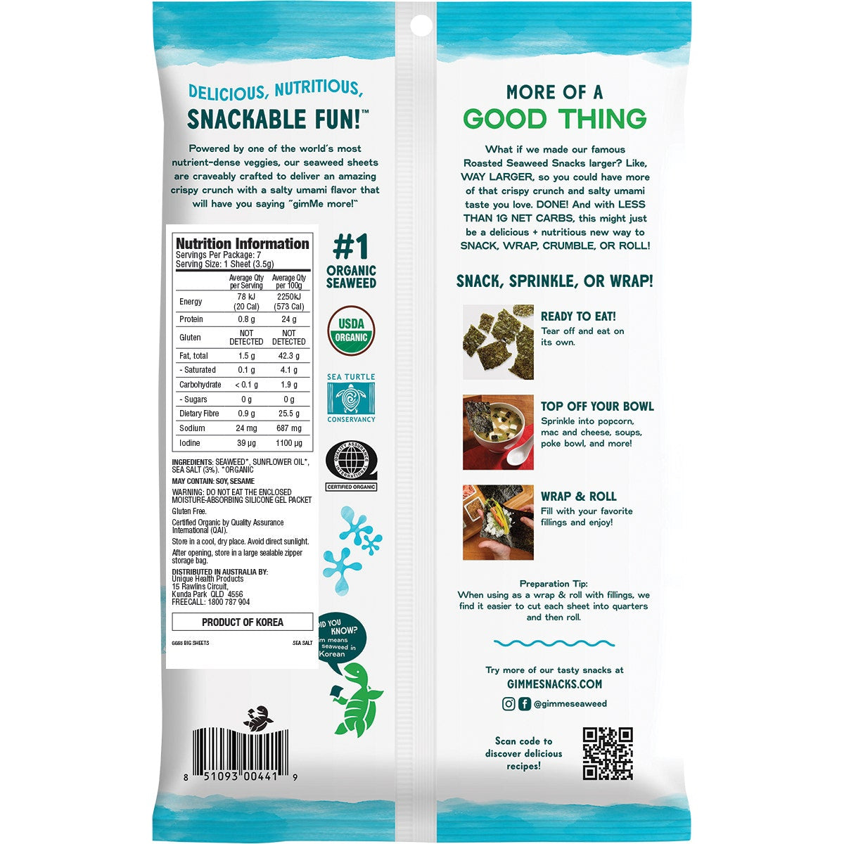 GIMME Roasted Seaweed Big Sheets Sea Salt (7 Sheets) 26g