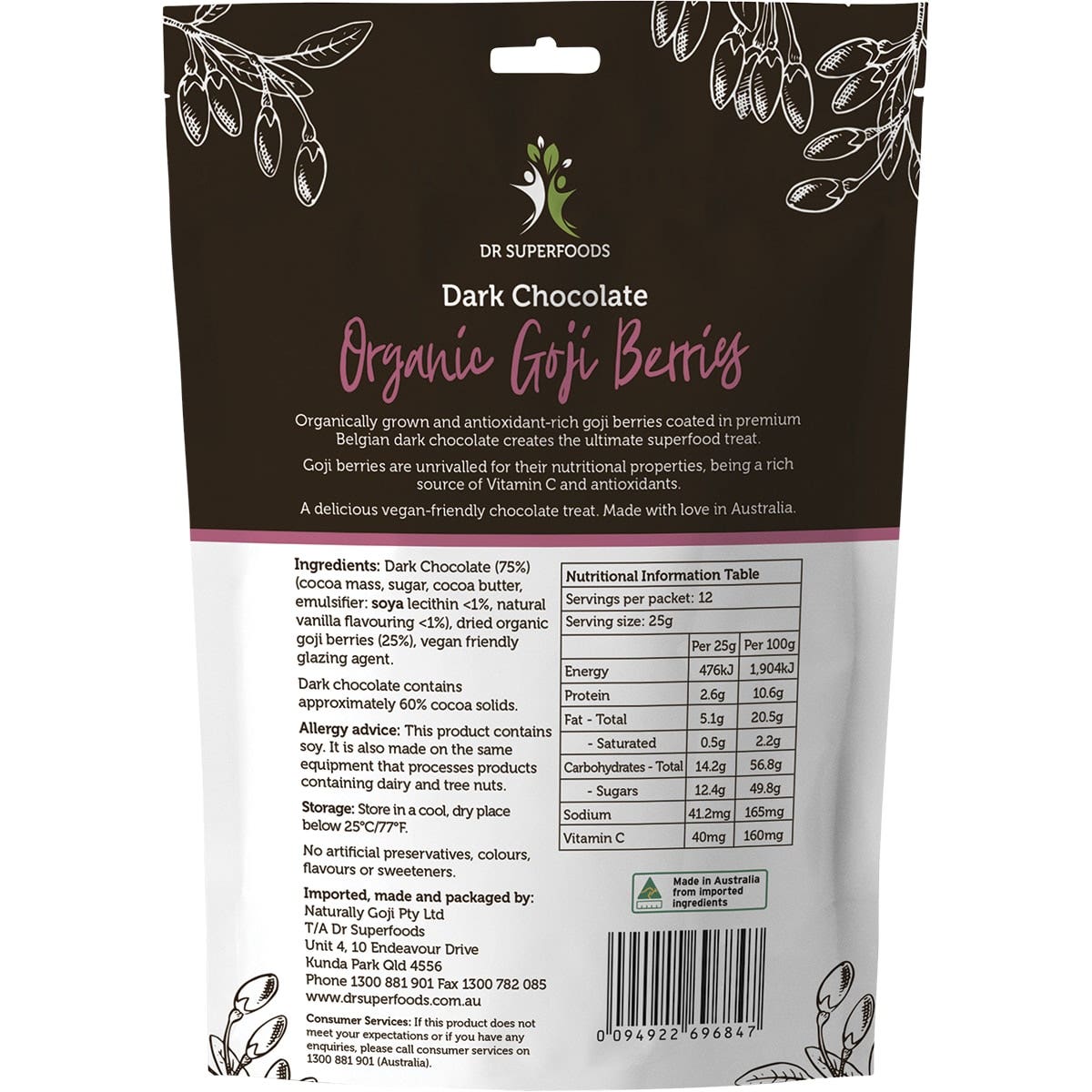 DR SUPERFOODS Goji Berries Organic - Dark Chocolate 300g