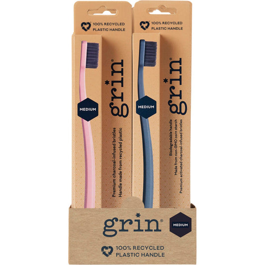 GRIN 100% Recycled Toothbrush Medium Pink, Charcoal x8