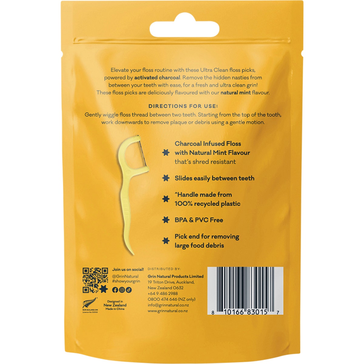 Grin Ultra Clean Floss Picks Charcoal Infused 80pk