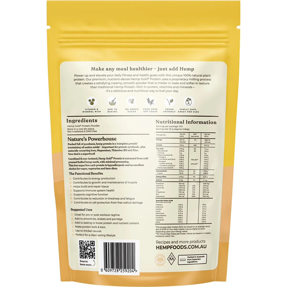 ESSENTIAL HEMP Organic Hemp Gold Protein Contains Omega 3, 6 & 9 450g