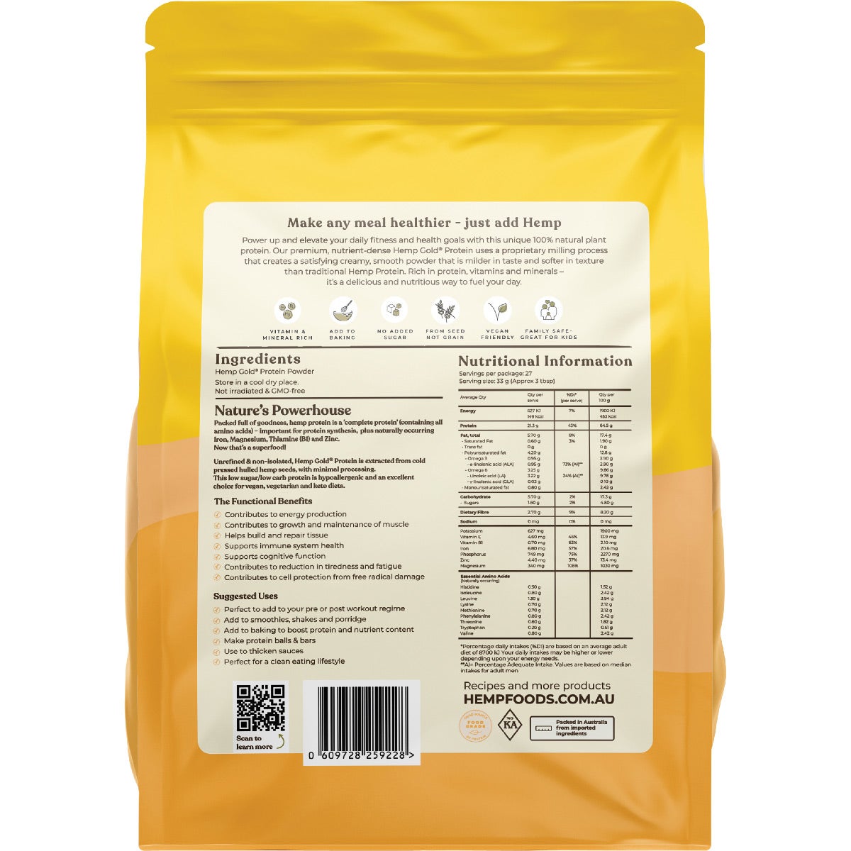 ESSENTIAL HEMP Organic Hemp Gold Protein Contains Omega 3, 6 & 9 900g