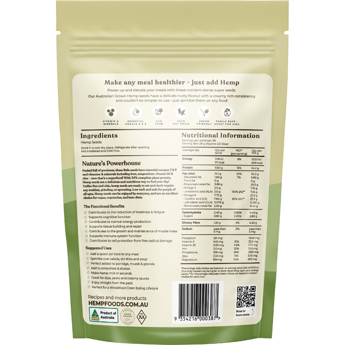 ESSENTIAL HEMP Australian Hemp Seeds Hulled 800g
