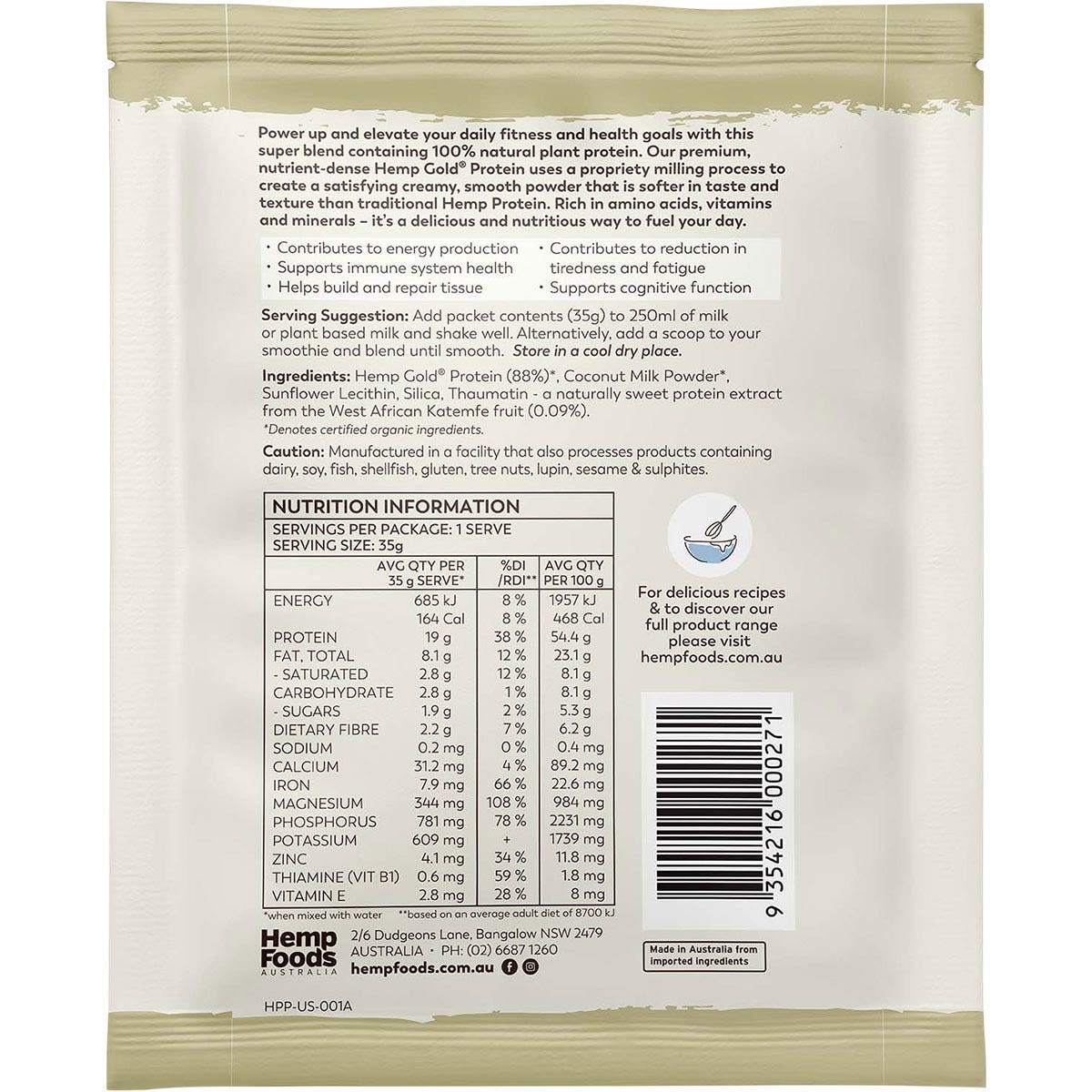 HEMP FOODS AUSTRALIA Organic Hemp Protein Natural 7x35g