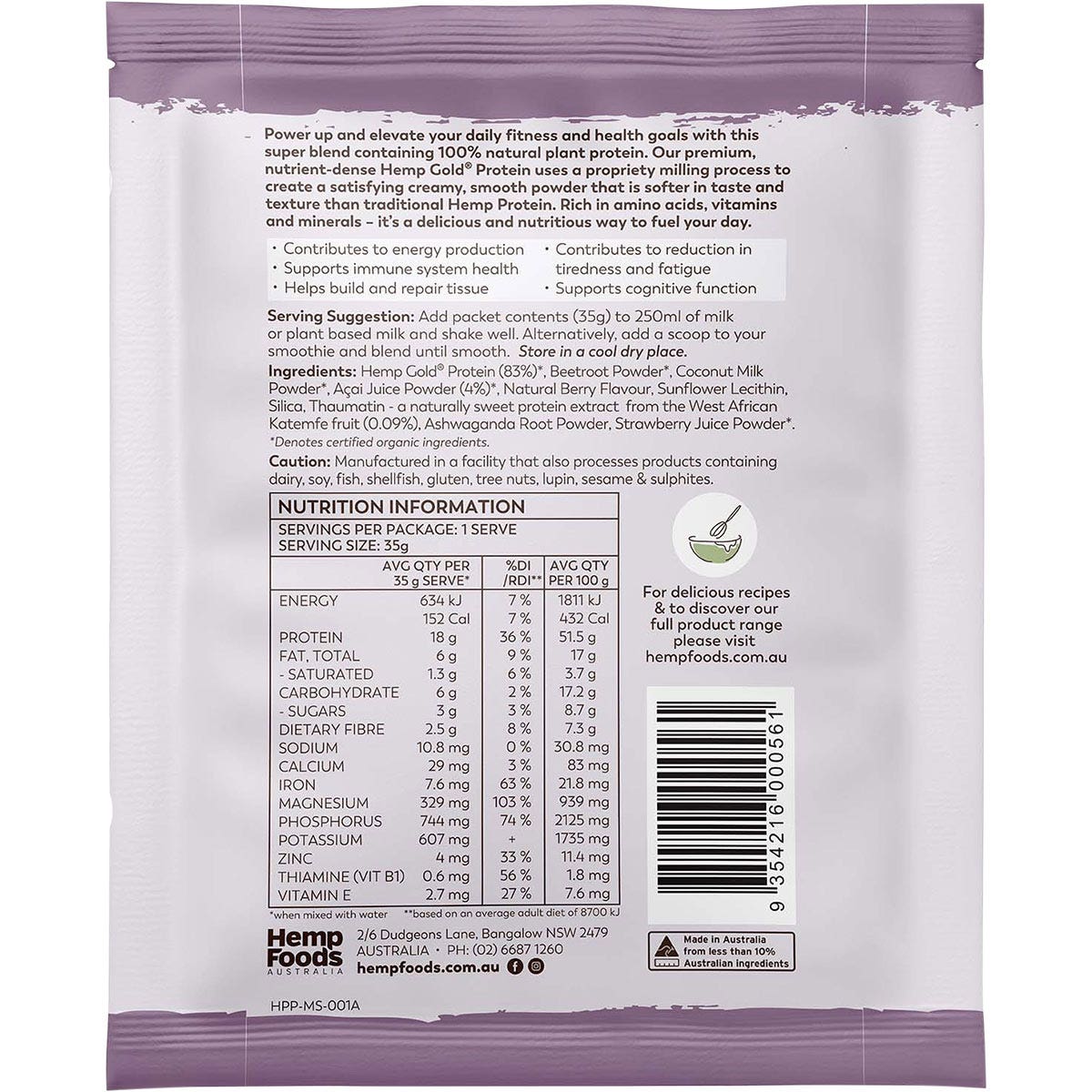 HEMP FOODS AUSTRALIA Organic Hemp Protein Mixed Berry & Acai 7x35g