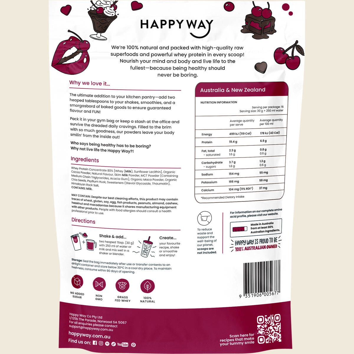 Happy Way Whey Protein Powder Choc Cherry 500g