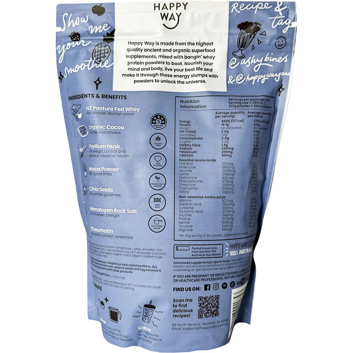 HAPPY WAY Ashy Bines Whey Protein Powder Choc Coconut 500g