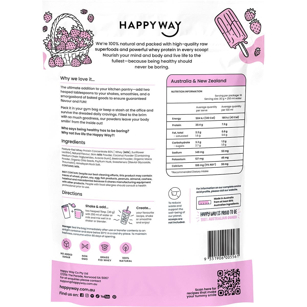 Happy Way Whey Protein Powder Strawberry 500g