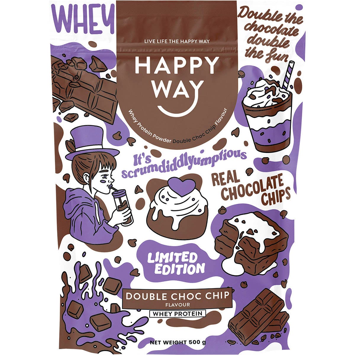 Happy Way Whey Protein Powder Double Choc Chip 500g