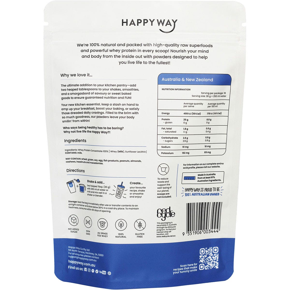 HAPPY WAY Whey Protein Powder Flavourless 500g