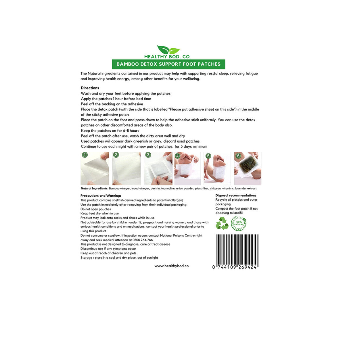 Healthy Bod. Co Detox Foot Patches Bamboo x 10 Patches (5 Pairs for 5 Day Detox)