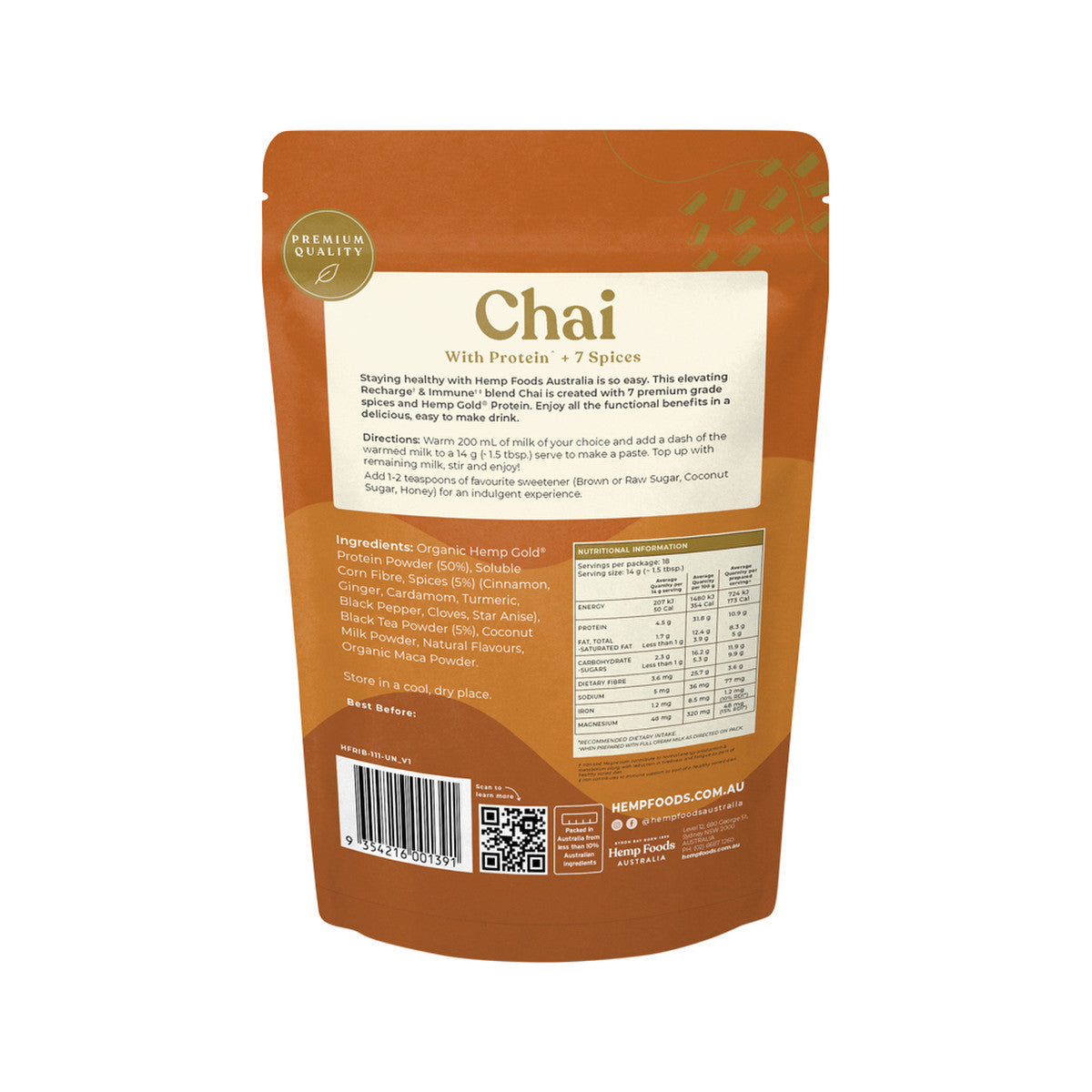 Hemp Foods Australia Chai Recharge + Immune With Protein + 7 Spices 252g