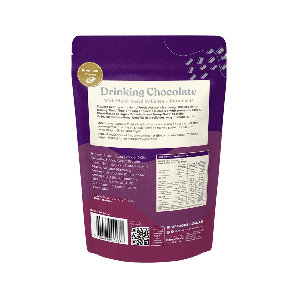 Hemp Foods Australia Drinking Chocolate Beauty Sleep Time With Plant-Based Collagen + Botanicals 252g