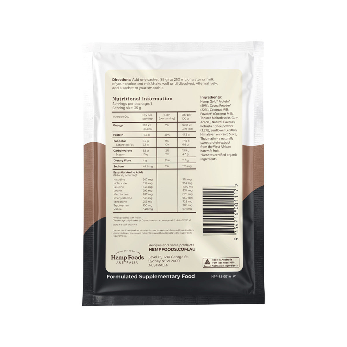 Hemp Foods Australia Hemp Protein Shake Chocolate Espresso Sachet 35g(Pack of 7)