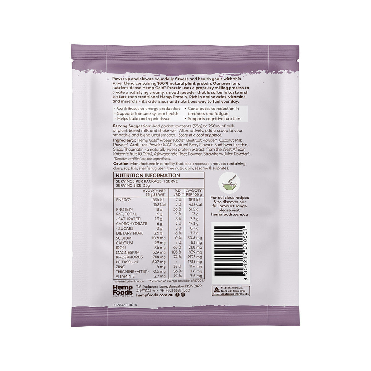 Hemp Foods Australia Organic Hemp Protein Shake Mixed Berry Sachet 35g (Pack of 7)