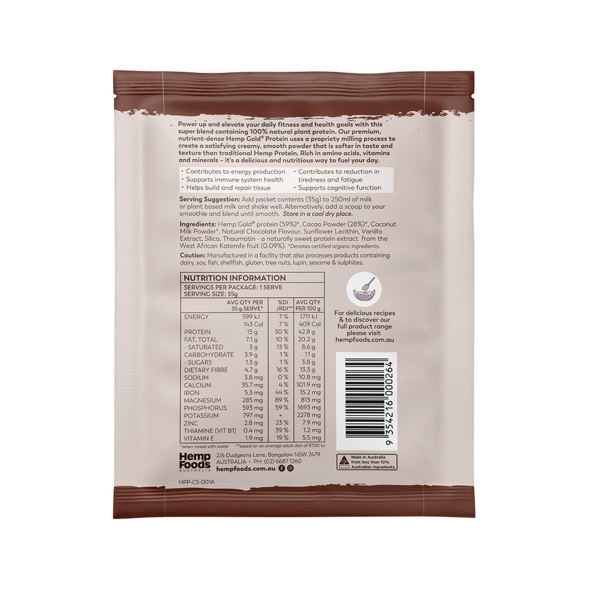 Hemp Foods Australia Organic Hemp Protein Shake Chocolate Sachet 35g (Pack of 7)