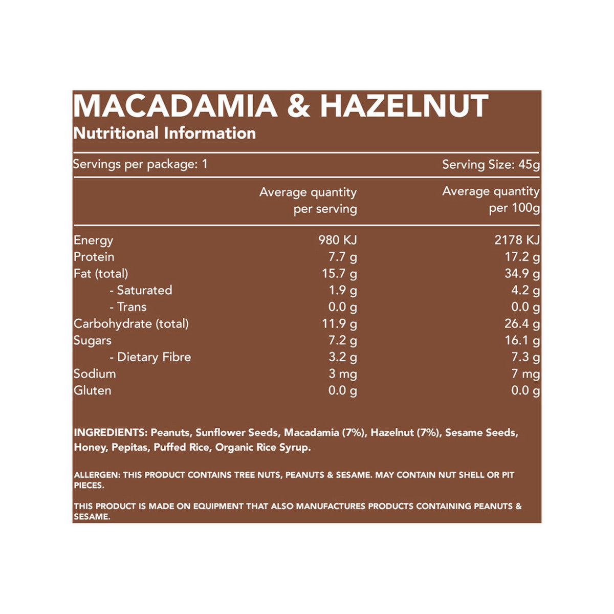 Kuranda Wholefoods Gluten Free Nut Bars Macadamia & Hazelnut 45g(Pack of 16)