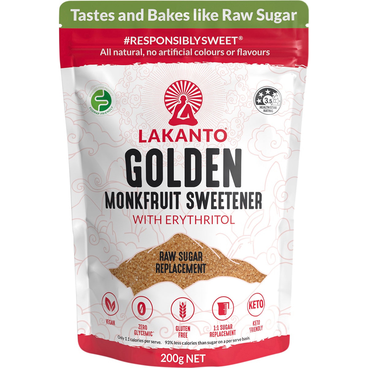 LAKANTO Golden - Monkfruit Sweetener Raw Cane Sugar Replacement 200g
