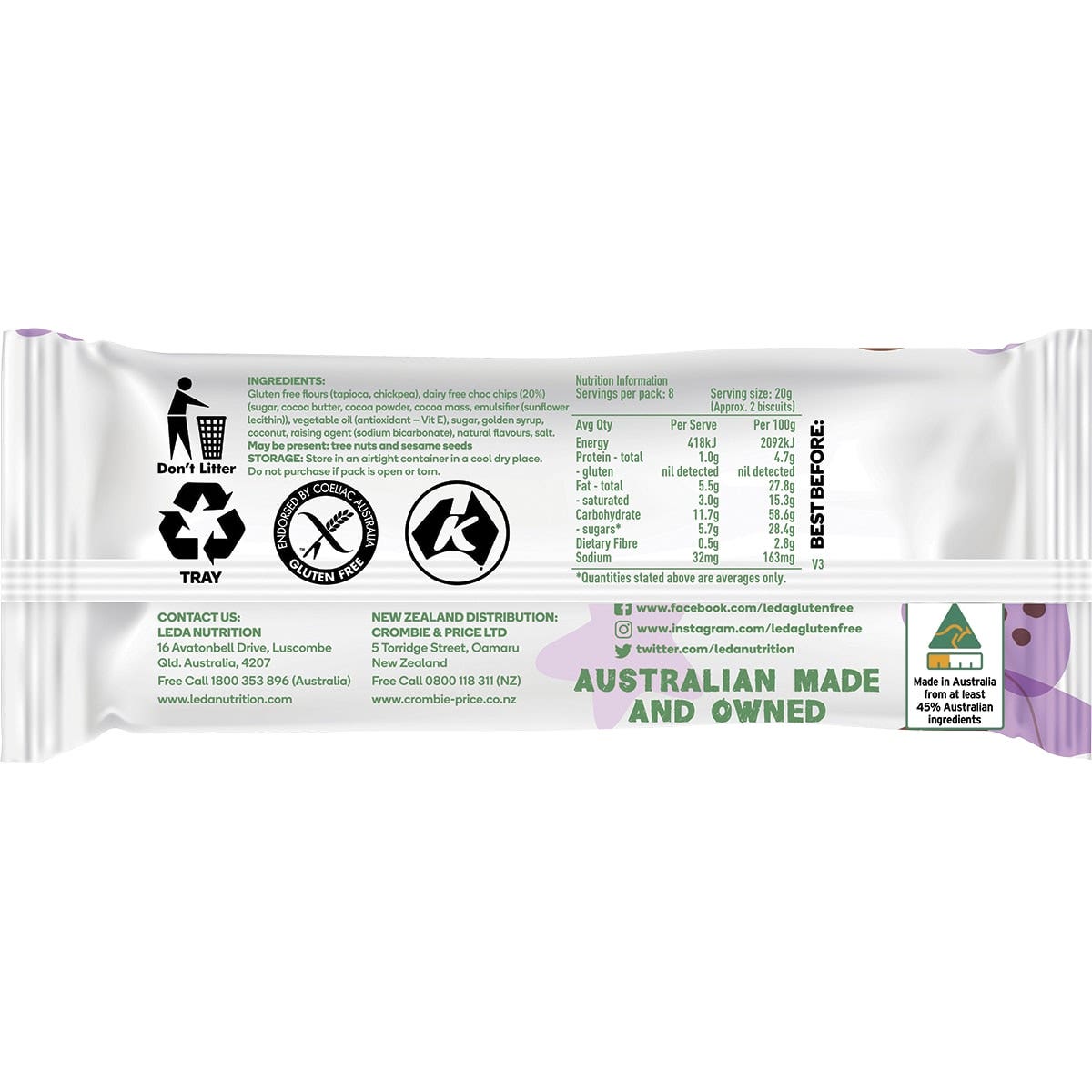 Leda Choc Chip Cookie 155g (Pack of 8)