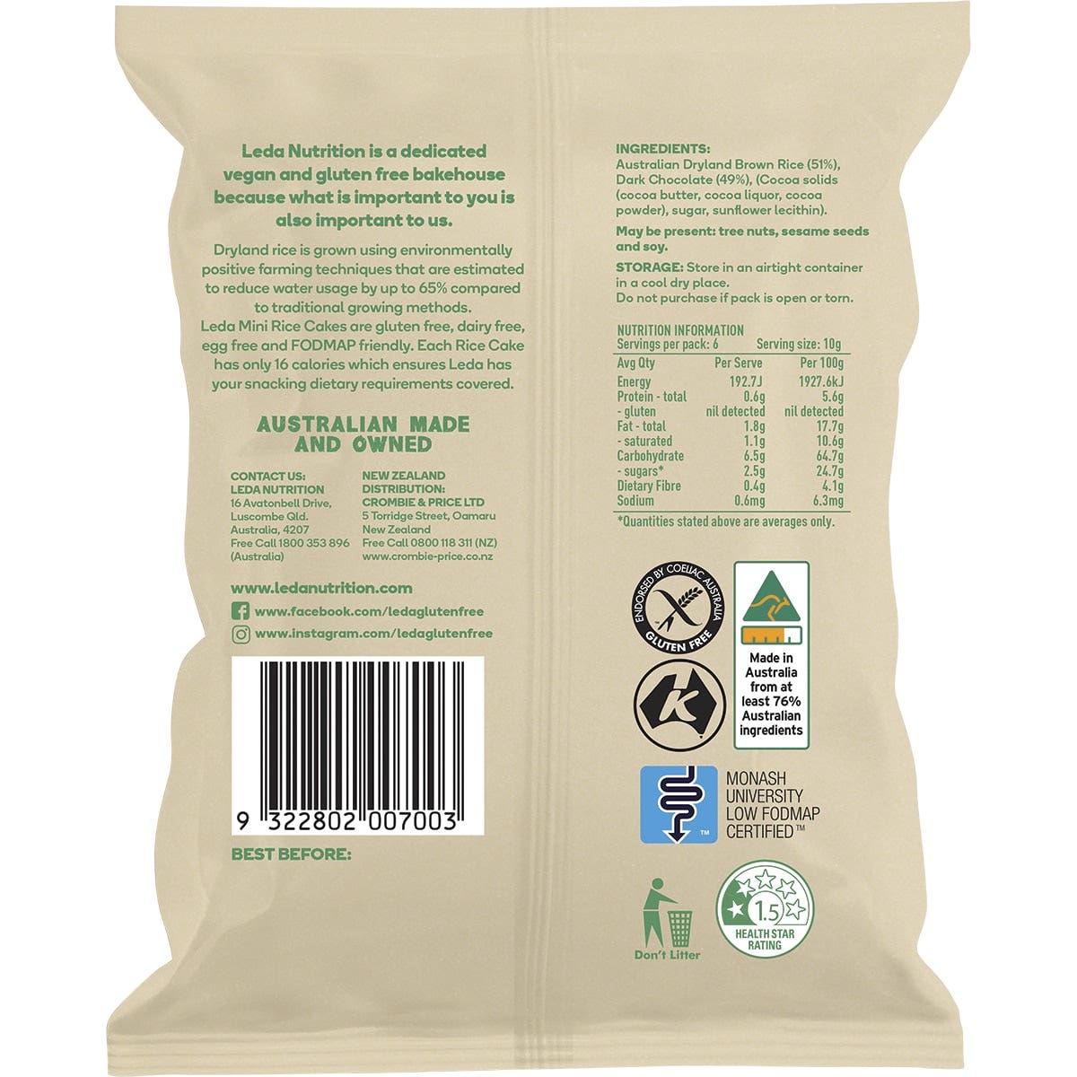 Leda Rice Cakes Mini Dark Chocolate 60g (Pack of 6)