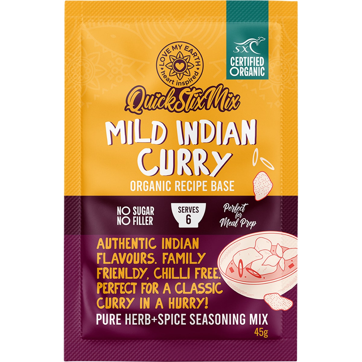 Love My Earth Quick Stix Mix Organic Recipe Base Mild Indian Curry 10x45g