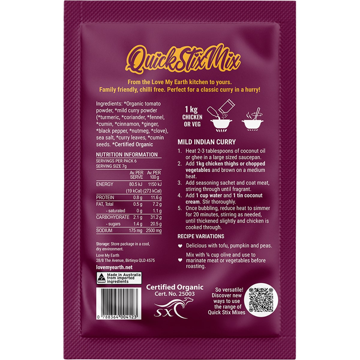 Love My Earth Quick Stix Mix Organic Recipe Base Mild Indian Curry 10x45g