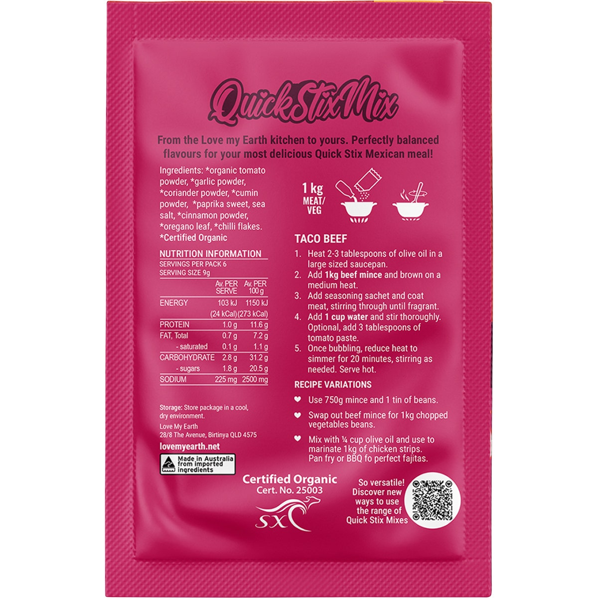 Love My Earth Quick Stix Mix Organic Recipe Base Taco 10x55g