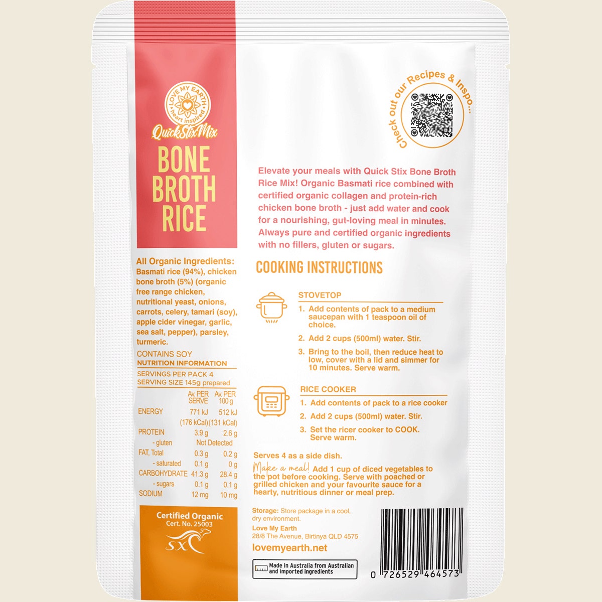 Love My Earth Quick Stix Mix Organic Bone Broth Rice Chicken 200g