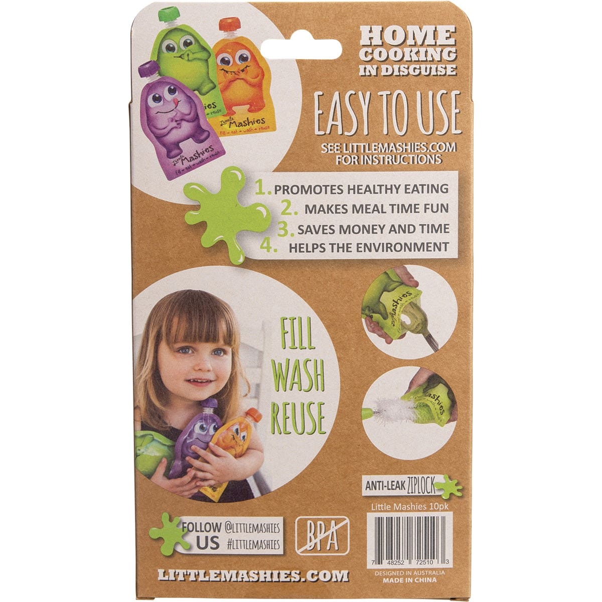 LITTLE MASHIES Reusable Squeeze Pouch Pack Of 10 - Mixed Colours 10x130ml