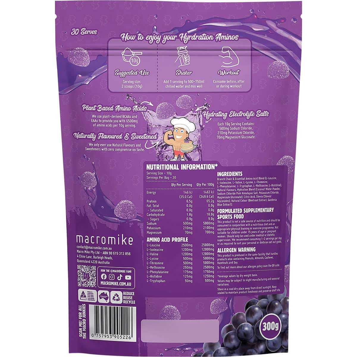 Macro Mike Plant Based Hydration Aminos Sour Grape Candy 300g