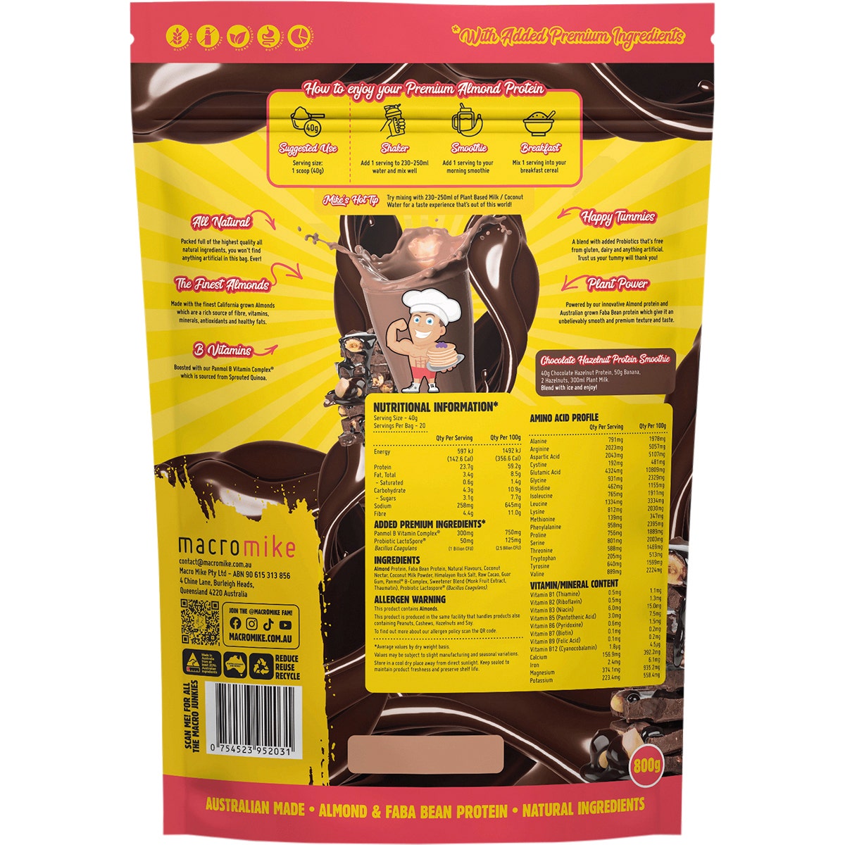 MACRO MIKE Premium Almond Protein Choc Hazelnut 800g