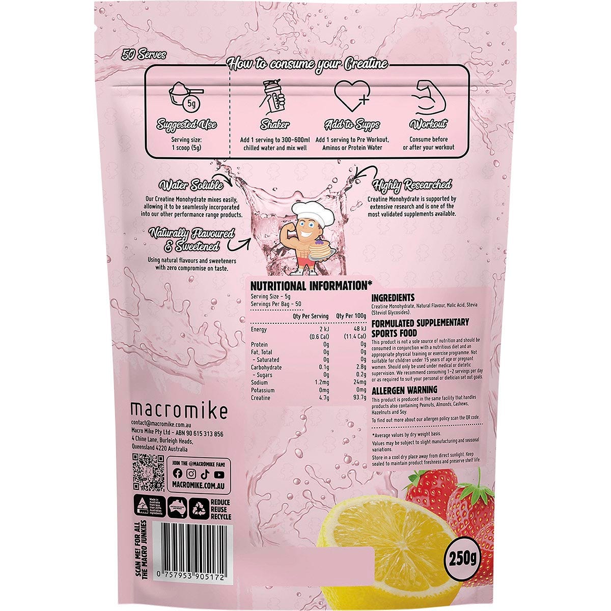 Macro Mike Plant Based Creatine Monohydrate Strawberry Lemonade 250g
