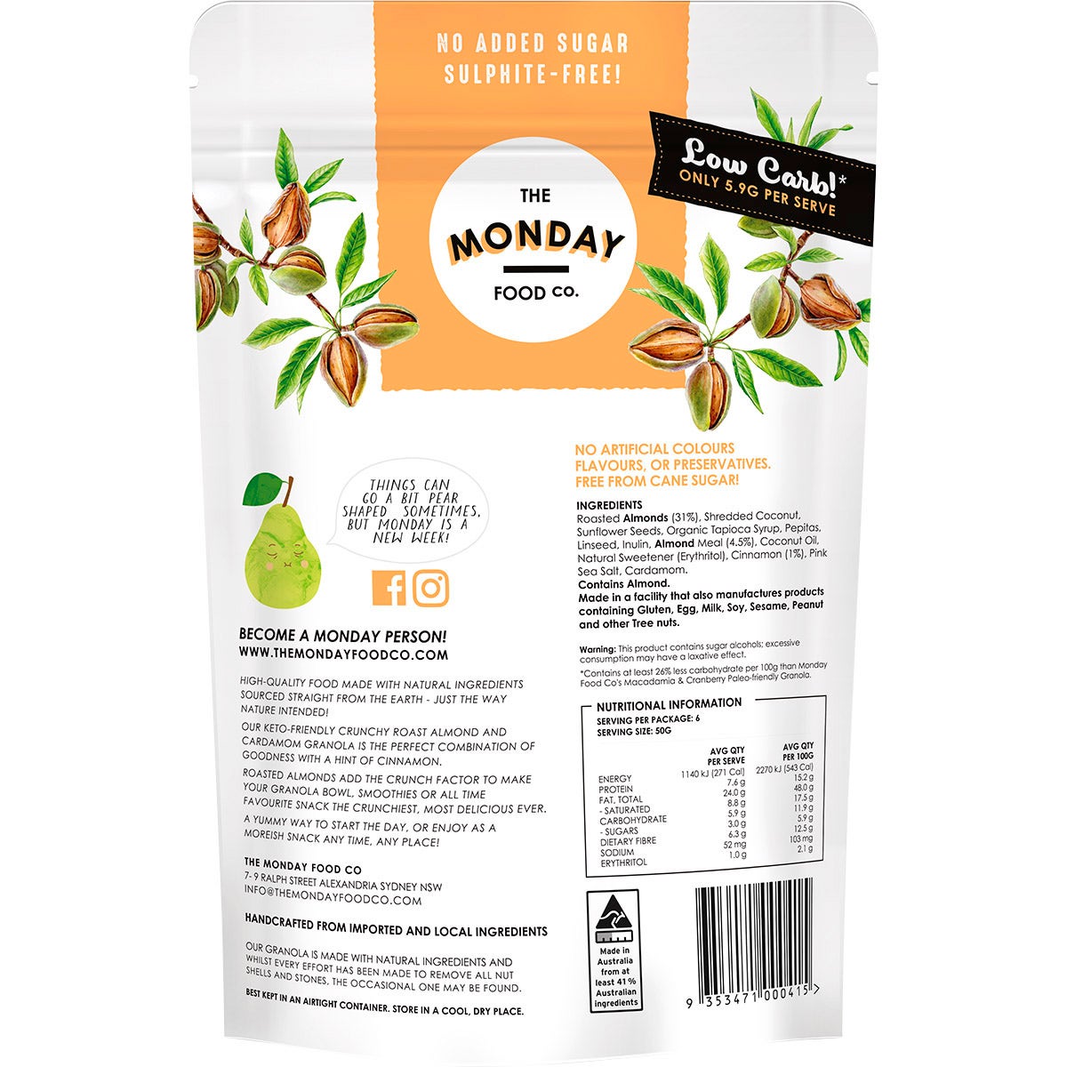 THE MONDAY FOOD CO Keto Gourmet Granola Crunchy Roast Almond & Cardamon 300g