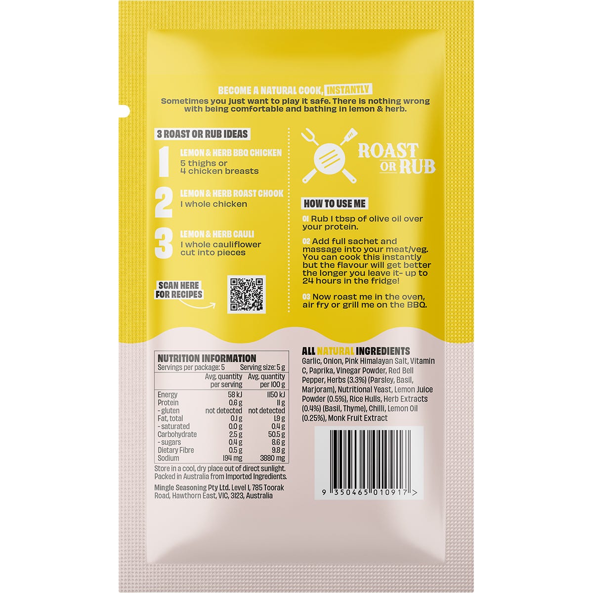 Mingle Lemon & Herb BBQ Roast Or Rub All Natural Seasoning 12x25g