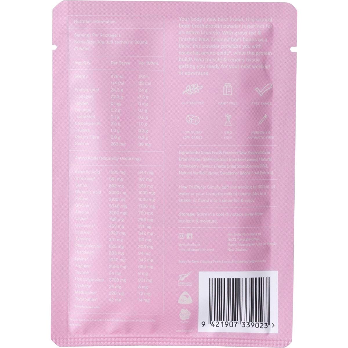 Mitchells Nutrition Bone Broth Protein Powder Real Strawberry 10x30g