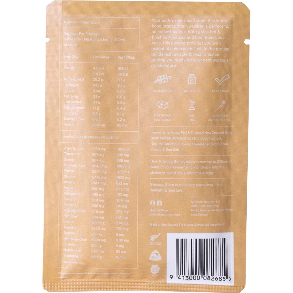 Mitchells Nutrition Bone Broth Protein Powder Salted Caramel 10x30g