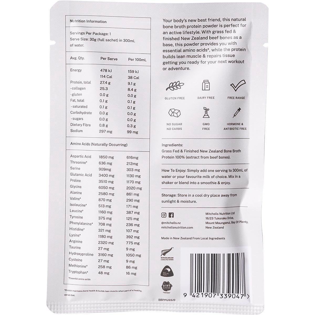 Mitchells Nutrition Bone Broth Protein Powder Unflavoured 10x30g