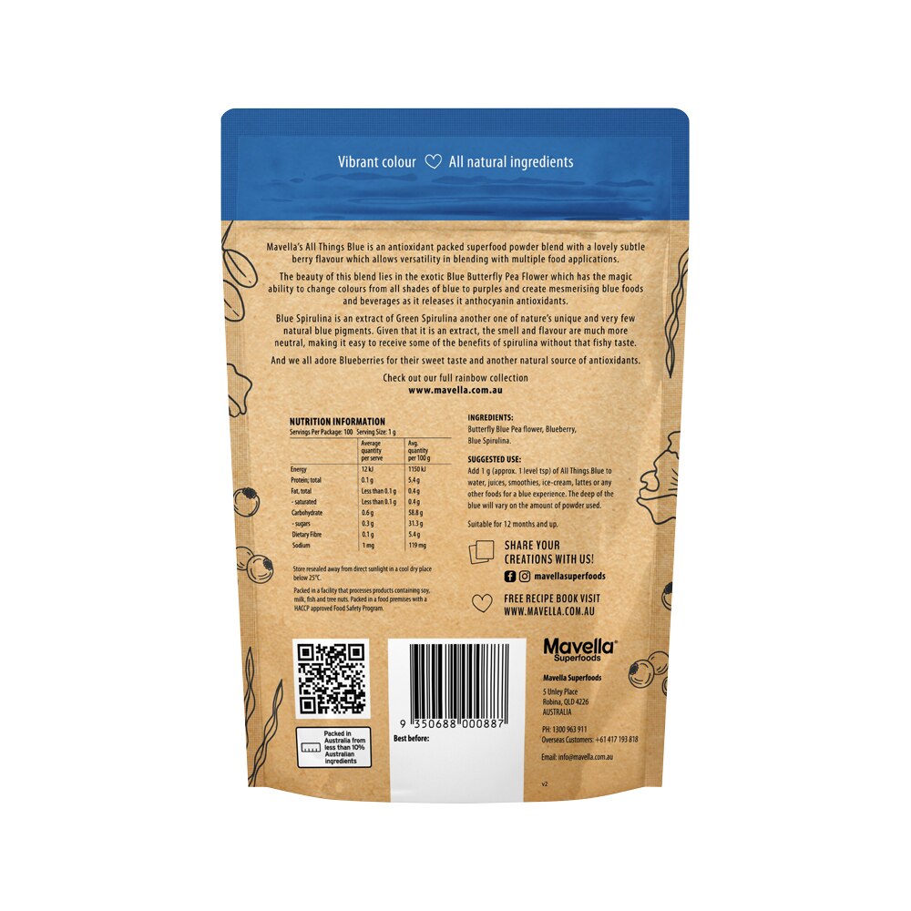 Mavella Superfoods All Things Blue (Blue Spirulina & Blue Butterfly Pea Flower & Blueberries) 100g