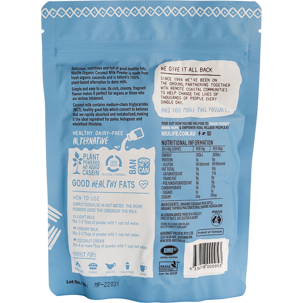 NIULIFE Coconut Milk Powder Makes Up To 2 Litres 200g